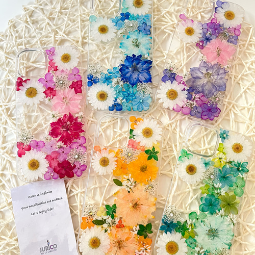 カラフルな押し花のスマホケース 選べる5color 全機種対応