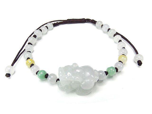 逸品上質ラベンダーひすいヒキュウ手彫り茶糸手編み天然石ブレスレット107-068