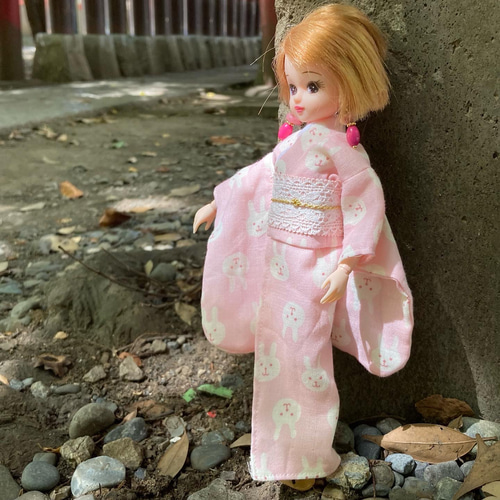 067 リカちゃん ブライス ハンドメイド 服 浴衣 帯 ネコ柄