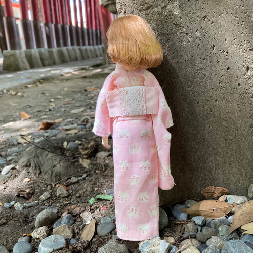 067 リカちゃん ブライス ハンドメイド 服 浴衣 帯 ネコ柄