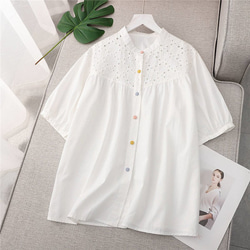 トップス 5分袖 春 夏 体型カバー 前開け ブラウス シャツ