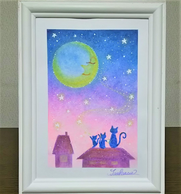 蛍の光の中で 穏かな夜の時間 【原画】オイルパステルアート