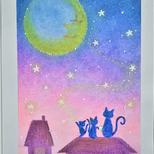 パステルアート 星月夜とネコの親子 パステル画原画 絵画 T's
