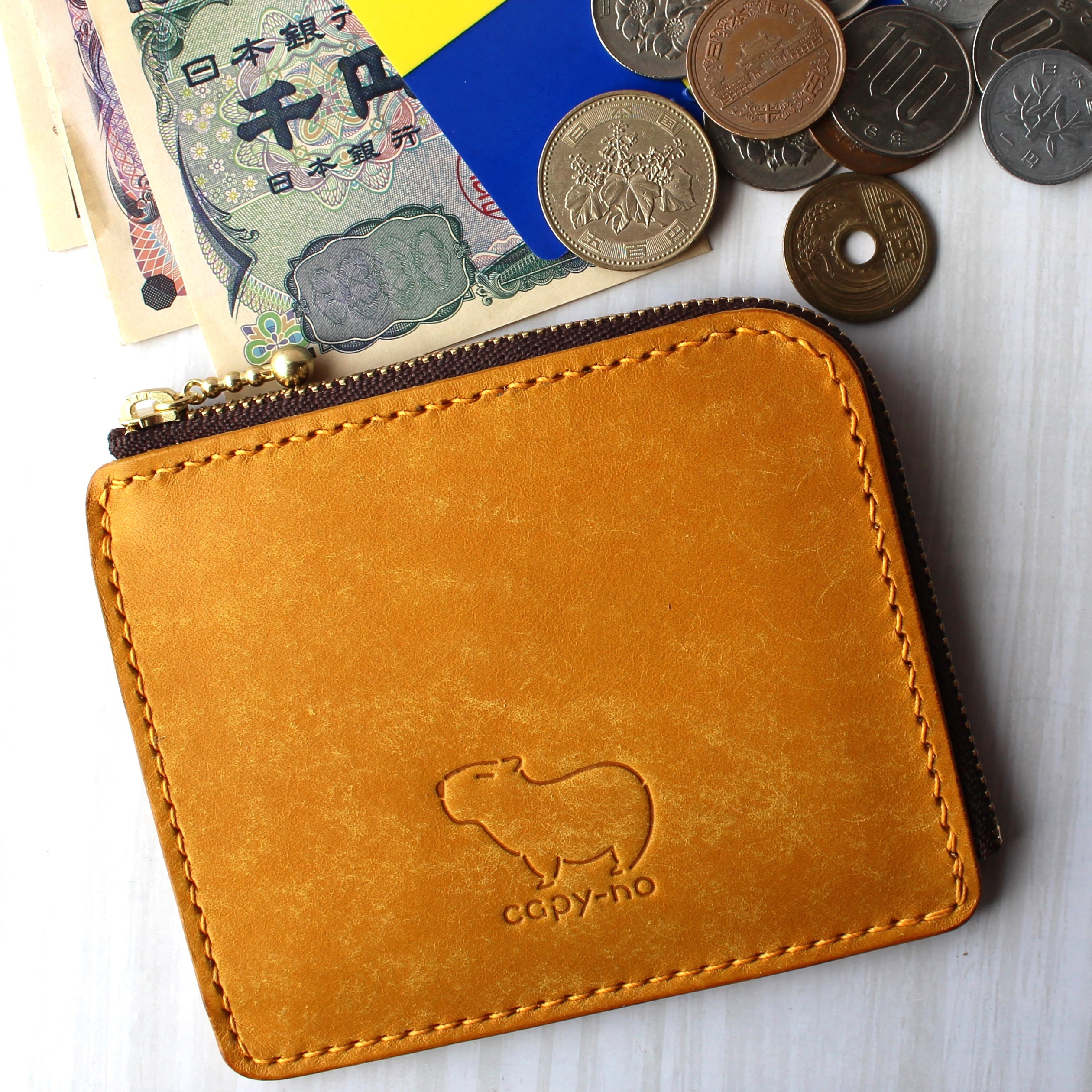【名入れ可】カピバラのL字ファスナー コンパクト財布　イエロー×ダークブラウン