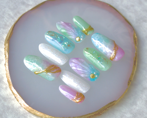 夏 ネイル セルフ オーダー チップ 青 Summer nail マーメイド 再販⭐︎マーメイドの誘い〜ブルーオーシャン〜ネイルチップ