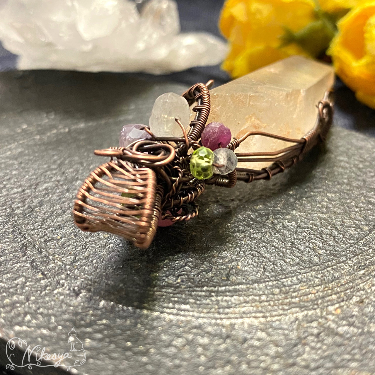 【コッパー99,9】【ワイヤーアクセサリー】タンジェリンクォーツのペンダントトップ【送料無料】