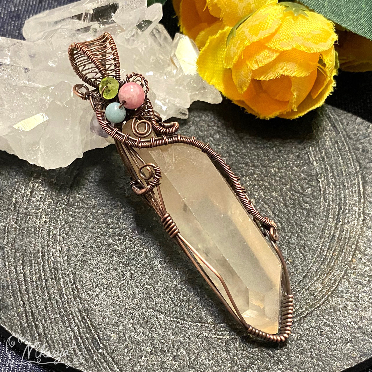 【コッパー99,9】【ワイヤーアクセサリー】タンジェリンクォーツのペンダントトップ【送料無料】