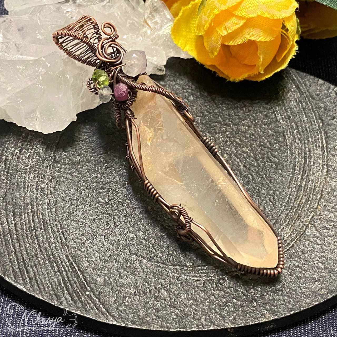 【コッパー99,9】【ワイヤーアクセサリー】タンジェリンクォーツのペンダントトップ【送料無料】