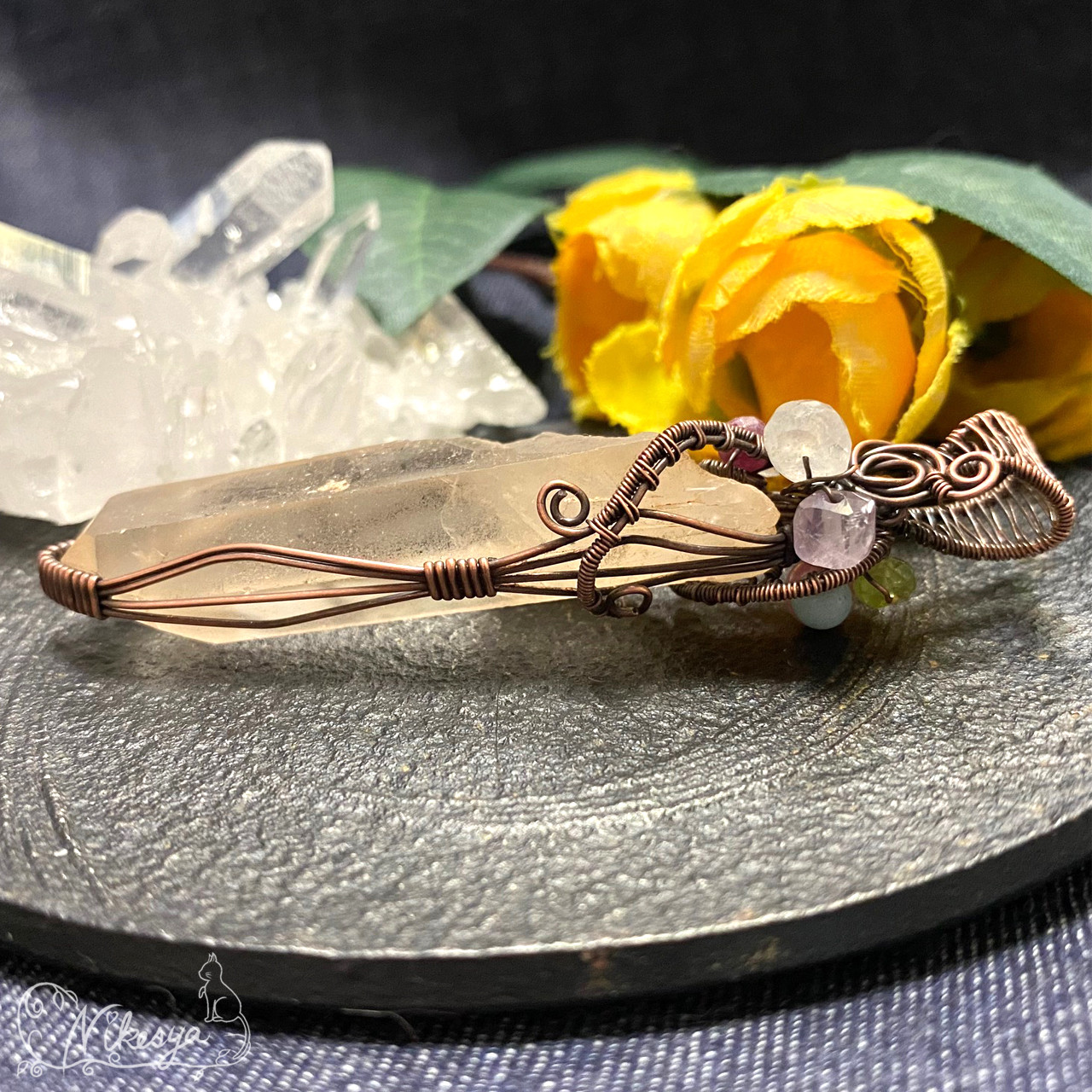 【コッパー99,9】【ワイヤーアクセサリー】タンジェリンクォーツのペンダントトップ【送料無料】