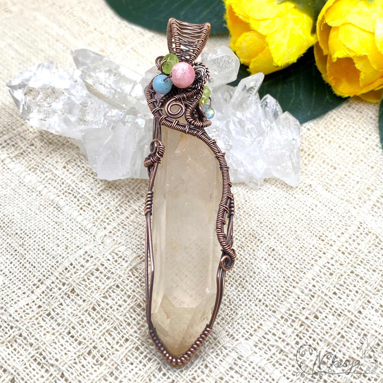 【コッパー99,9】【ワイヤーアクセサリー】タンジェリンクォーツのペンダントトップ【送料無料】