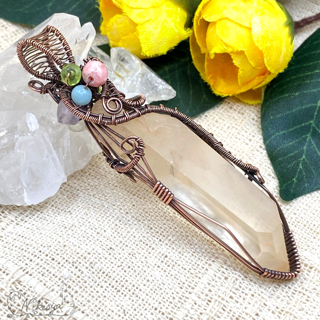 【コッパー99,9】【ワイヤーアクセサリー】タンジェリンクォーツのペンダントトップ【送料無料】