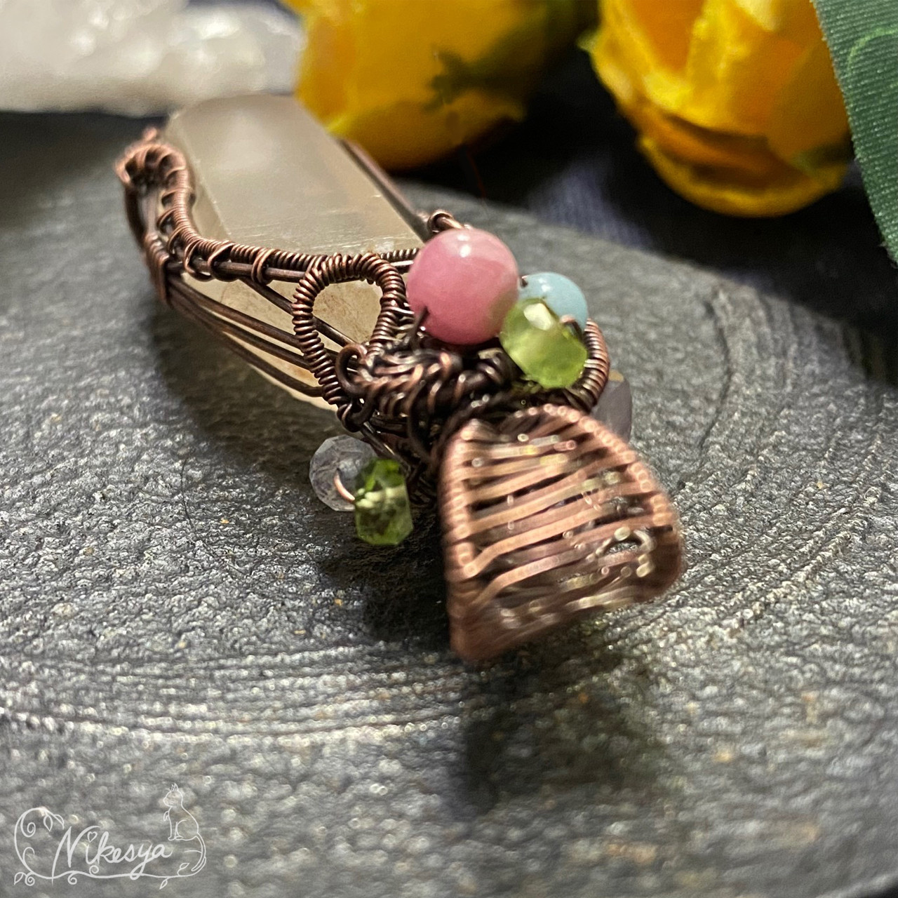 【コッパー99,9】【ワイヤーアクセサリー】タンジェリンクォーツのペンダントトップ【送料無料】