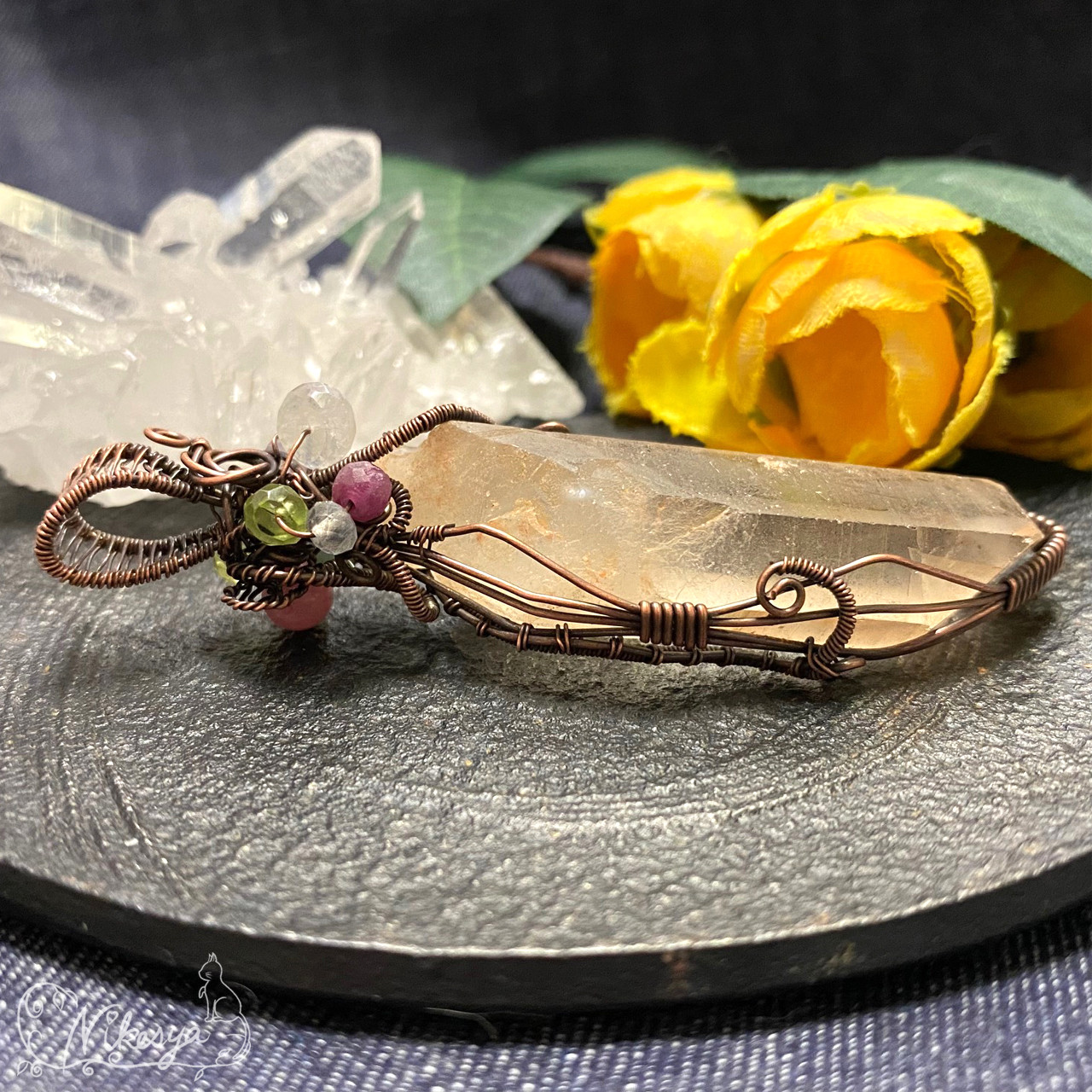 【コッパー99,9】【ワイヤーアクセサリー】タンジェリンクォーツのペンダントトップ【送料無料】