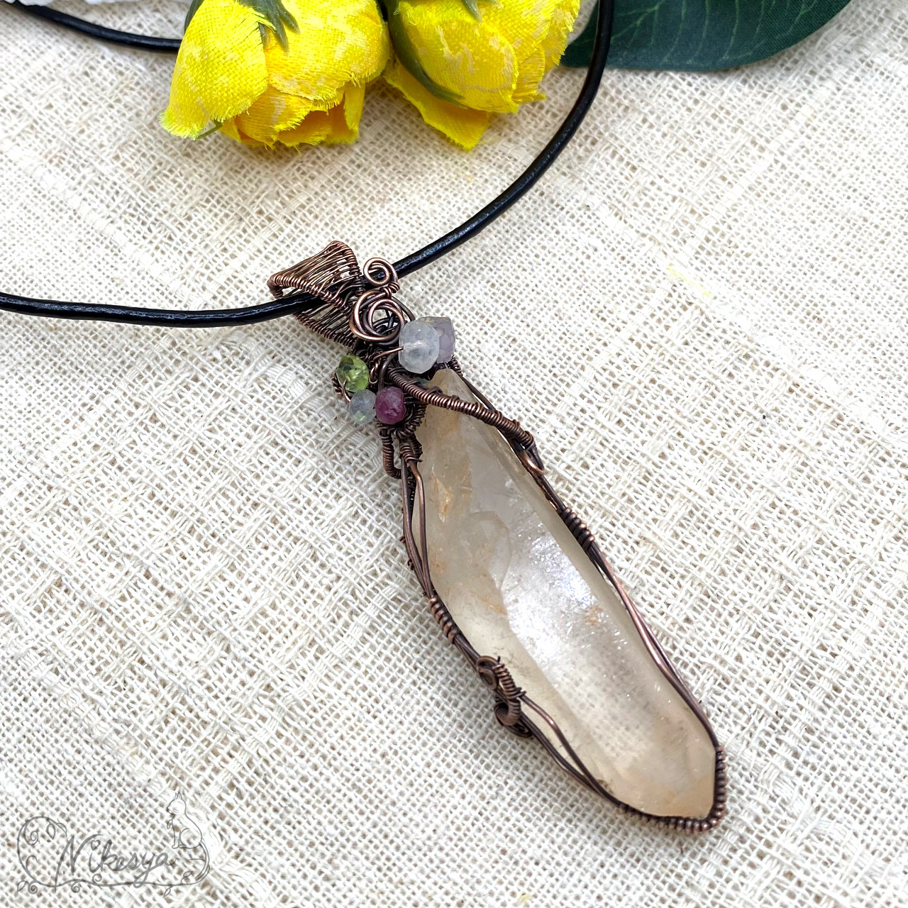 【コッパー99,9】【ワイヤーアクセサリー】タンジェリンクォーツのペンダントトップ【送料無料】