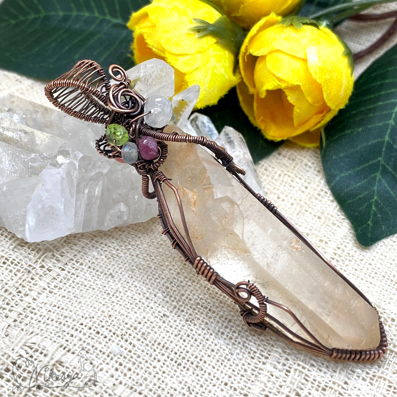 【コッパー99,9】【ワイヤーアクセサリー】タンジェリンクォーツのペンダントトップ【送料無料】