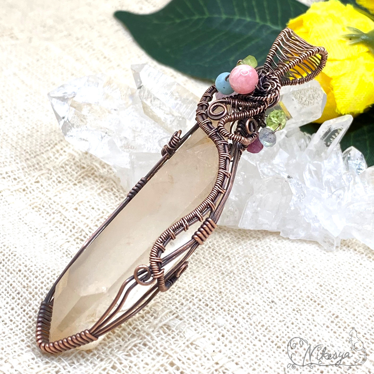 【コッパー99,9】【ワイヤーアクセサリー】タンジェリンクォーツのペンダントトップ【送料無料】