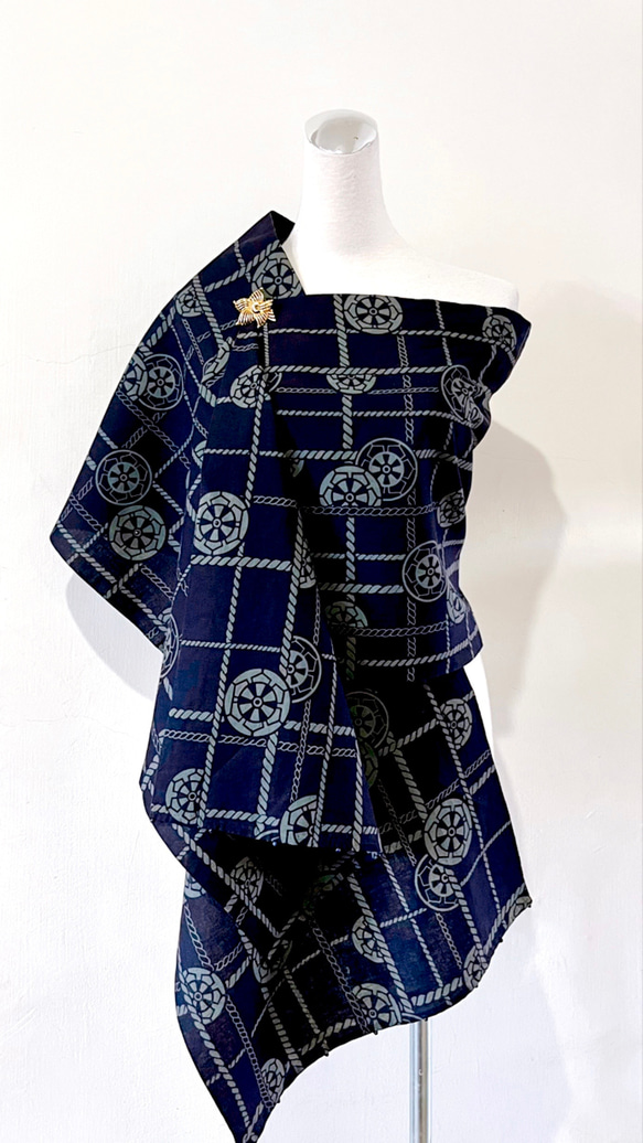 スカーフNo.189*羅盤*設計師手作日本純棉深紺色深藍海軍風麻繩線條單層圍巾 披肩 第2張的照片