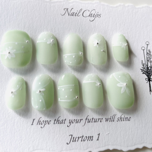 Jurtom 1ネイルチップ／ミントグリーン レース風フラワーネイル