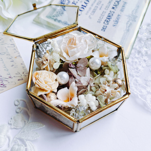 ＊ring pillow or message flowerガラスケースアレンジ classic rose リングピロー ガラスケース ブライダル リングピロー