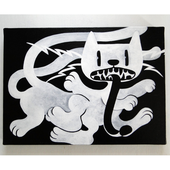 舌長の猫のグラフィティアート 原画 絵画 キャンバス画 モンスター 動物の絵 モノクロ 1枚目の画像