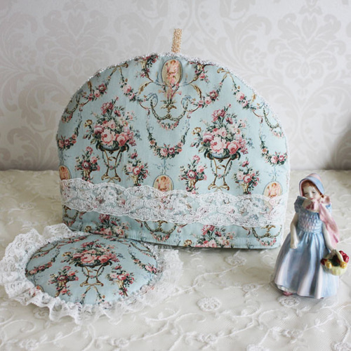 ♡リクエスト品♡お花のティーコジー&ポットマット♡ハンドメイド♡バラ ポットマット付きティーコゼー ロココな薔薇柄 その他キッチン小物