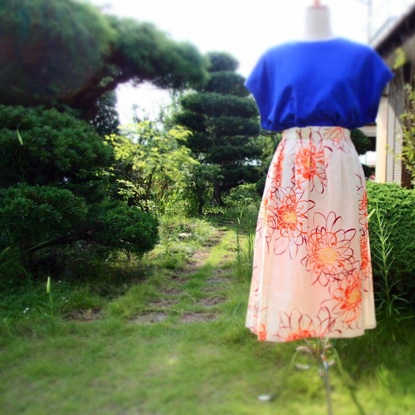 浴衣生地☆フィッシュテールロングスカート『夕涼み』("Feel the cool evening breeze")橙
