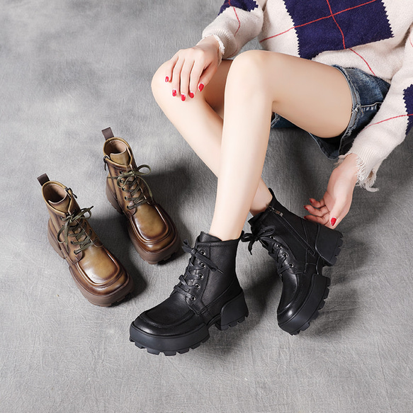 ♥秋冬手工新品♥女士真皮厚底鞋短靴22.5cm～25cm 2色#584 第1張的照片
