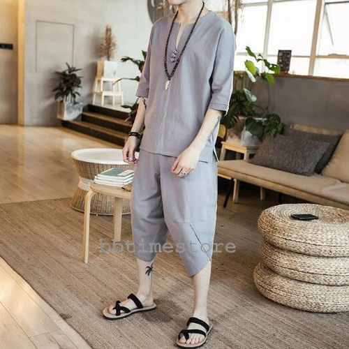 サルエルパンツ メンズ上下セット ジャージ ウェットセットアップ 綿麻