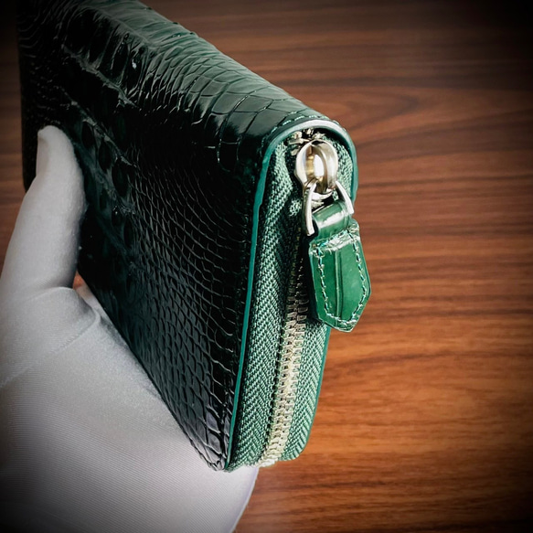 クロコダイル メンズ財布 長財布 ワニ革 ラウンドファスナー 一枚革 グリーン 緑 4枚目の画像