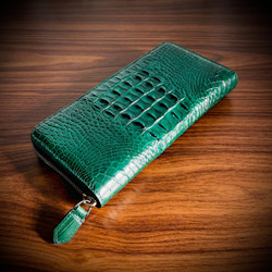 クロコダイル メンズ財布 長財布 ワニ革 ラウンドファスナー 一枚革 グリーン 緑 1枚目の画像