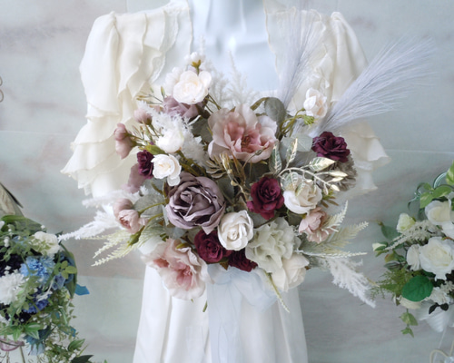 【美品】ウェディングブーケ＆ブートニアセット 造花/くすみカラー/結婚式/前撮り ◇グレイッシュカラーのクラッチブーケ◇ウエディングブーケ