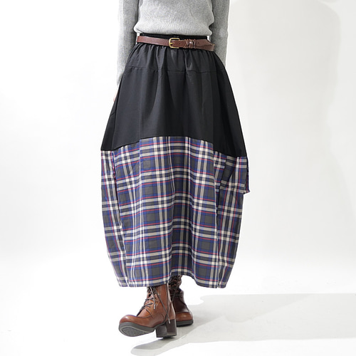 トーンオントーンチェック柄＊丸みあるバルーンデザイン＊スカート