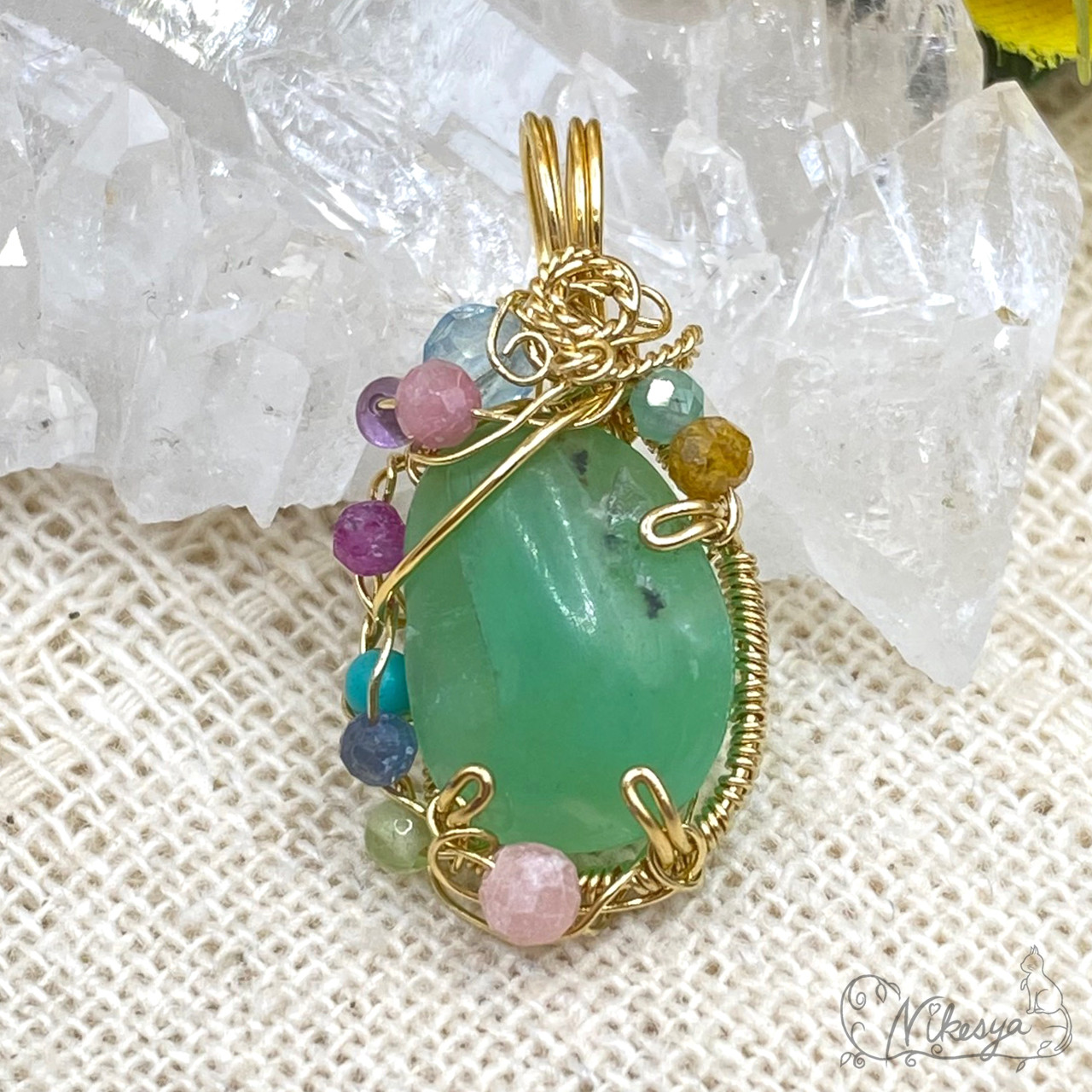 【手磨き】【SUS316L】クリソプレーズのペンダントトップ【ワイヤーアクセサリー】【送料無料】