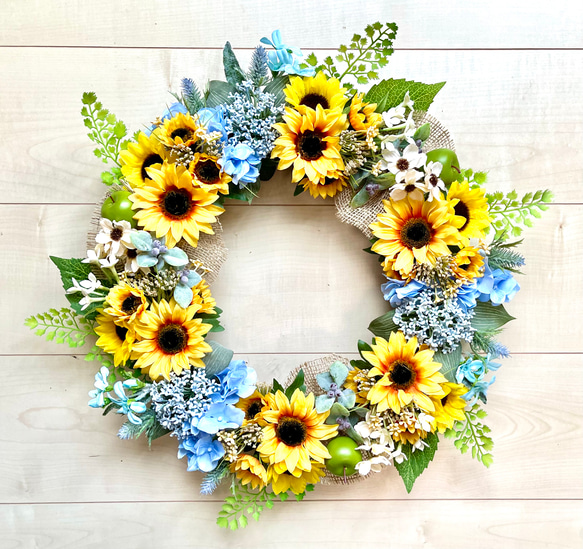 No.wreath-15451/ひまわりとブルーフラワーのリース45cm/アーティ  