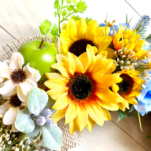 No.wreath-15451/ひまわりとブルーフラワーのリース45cm/アーティ  