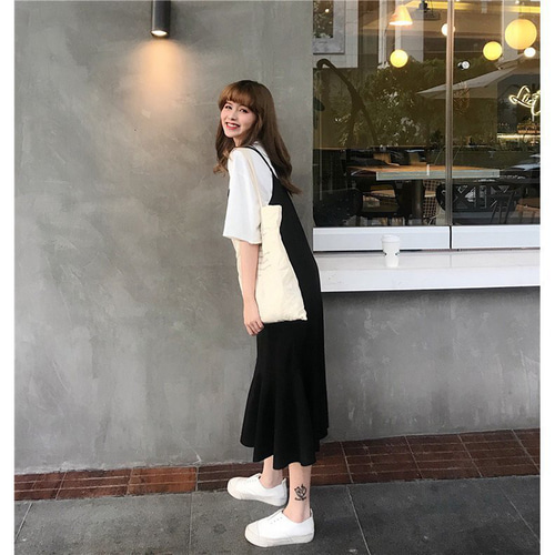 キャミワンピース 夏 半袖 黒マーメイドスカート 韓国風 ワンピース