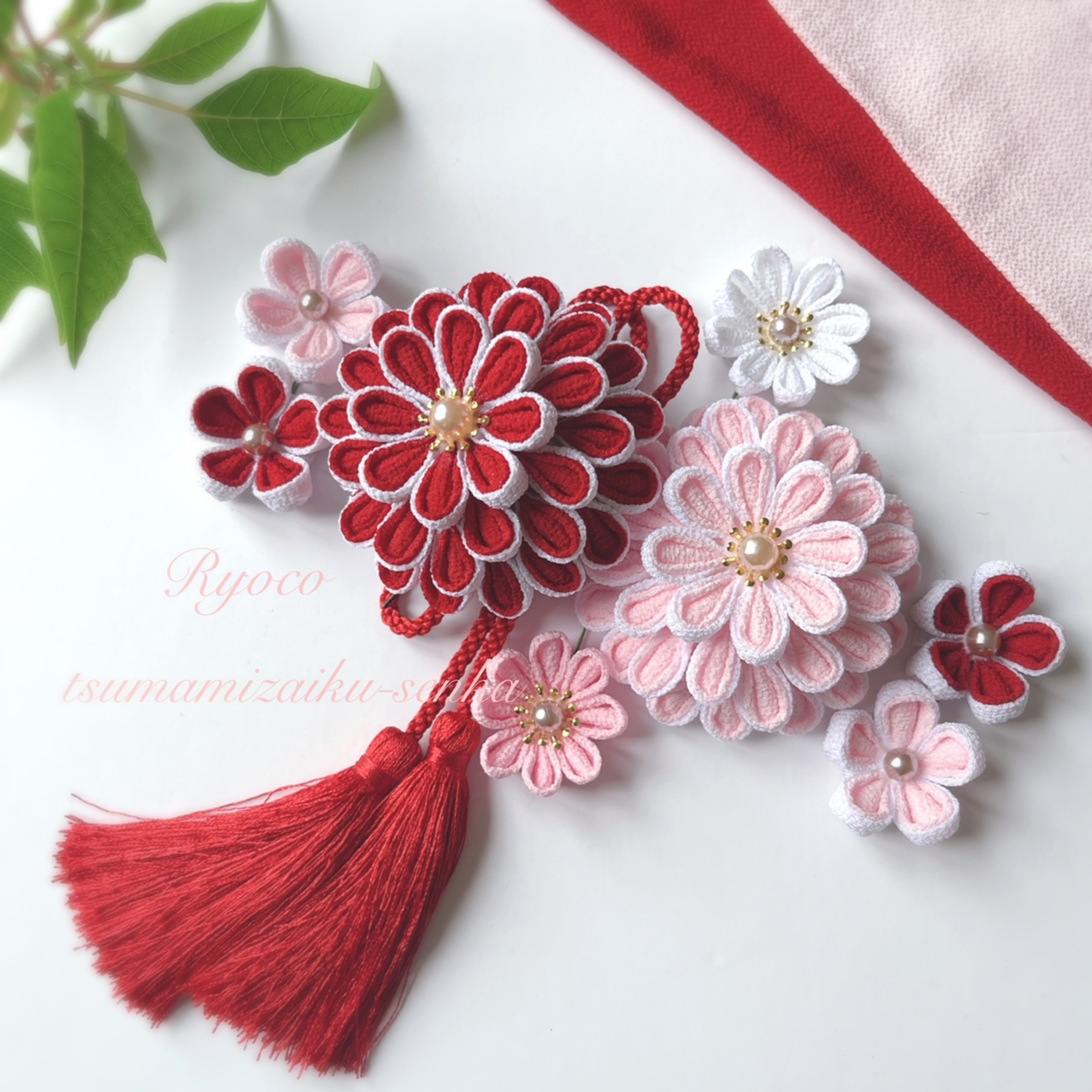 【深紅×桜色】成人式　結婚式　七五三　つまみ細工髪飾り　赤　ピンク　桃色　レッド　ヘッドドレス