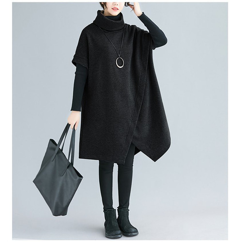 不規則 ハイネック ドルマン 重ね着 お洒落 チュニック ワンピース