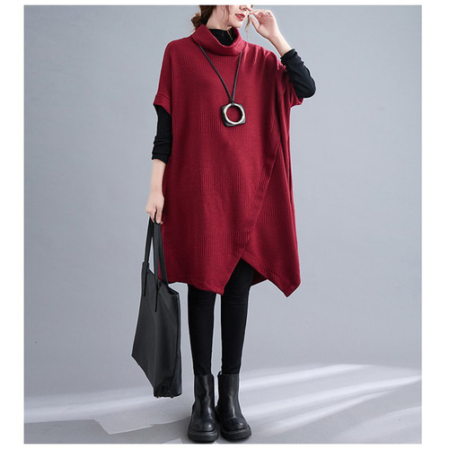 不規則 ハイネック ドルマン 重ね着 お洒落 チュニック ワンピース