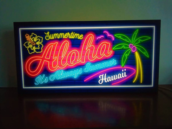 【Mサイズ】アロハ ハワイ ヤシの木 サーフィン ビーチ ハイビスカス 看板 置物 雑貨 ライトBOX 1枚目の画像