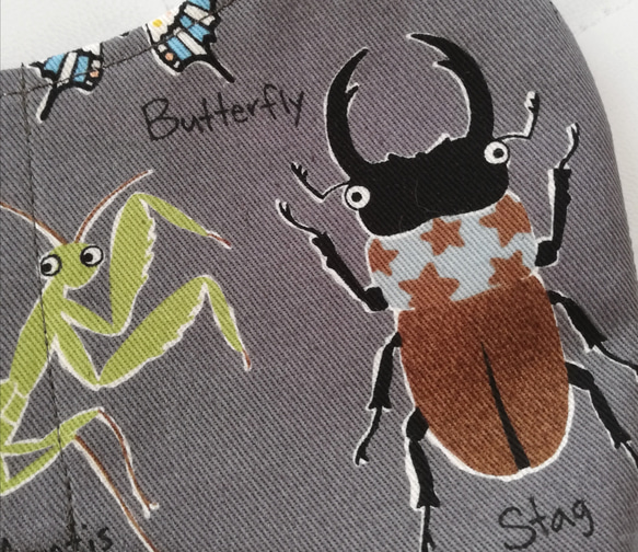 【昆虫柄】カブト虫・クワガタ　立体マスク　グレー　手作りマスク　カマキリ　ハチ　蜂　トンボ　てんとう虫 6枚目の画像