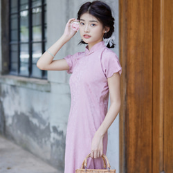 ピンクのダークパターンの模造シルク花びらの袖の女の子チャイナドレス新しい中国風中秋節春祭り改良されたワンピースドレス 2枚目の画像