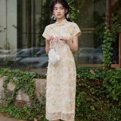 卡其杏 復古花色古法雪紡少女旗袍 新中式中秋春節改良連身裙洋裝 第5張的照片