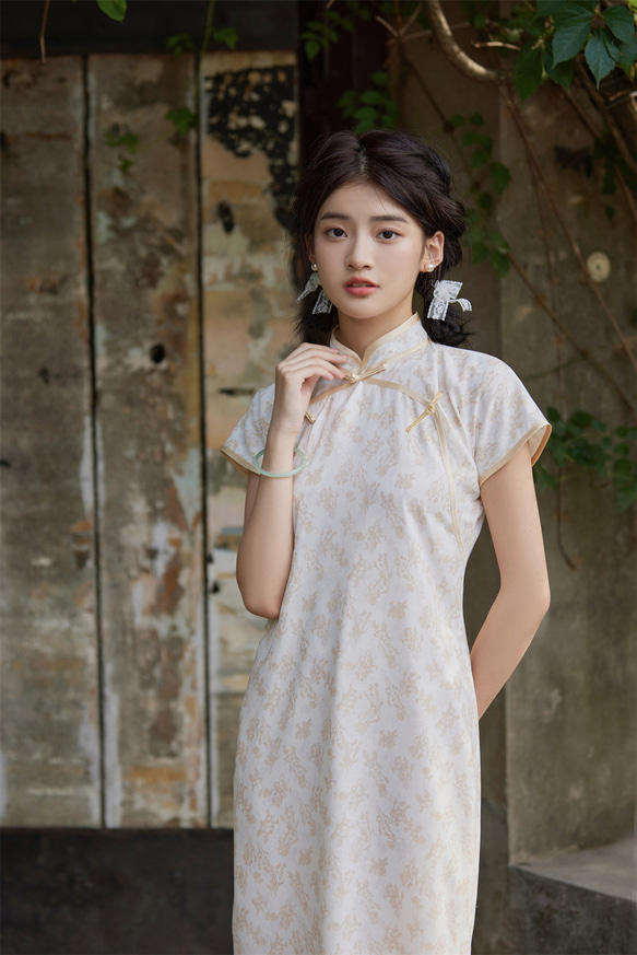 米白色 溫婉園襟古法雪紡少女旗袍 新中式中秋春節改良連身裙洋裝 第2張的照片