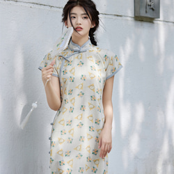 白底兔子印花 雪紡少女修身旗袍 新中式中秋春節改良連身裙洋裝 第2張的照片