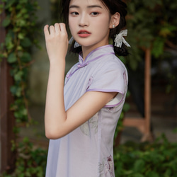 淺紫色 復古印花民國古法少女旗袍 新中式中秋春節改良連身裙洋裝 第5張的照片