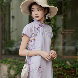 淺紫色 復古印花民國古法少女旗袍 新中式中秋春節改良連身裙洋裝 第2張的照片