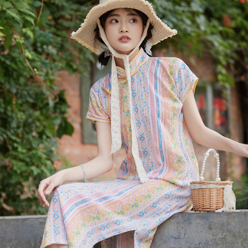 香港チャイナドレス 花 Velvet ビロード ロングワンピース 花