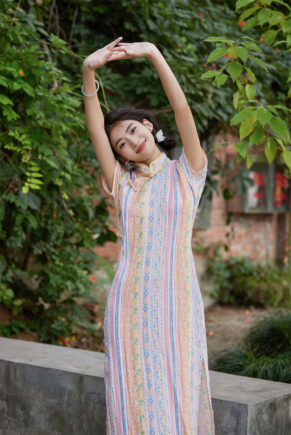 火熱夏天配條紋 古法少女旗袍 新中式中秋春節風改良洋裝連身裙 第3張的照片