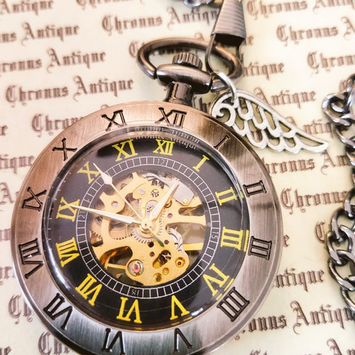 完売御礼】No.125 手巻き式懐中時計（蓋無し・丸見え・黒文字盤・銀の